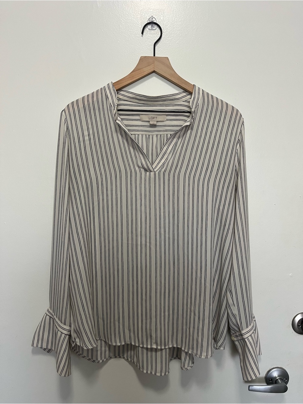 LOFT Cream Blouse with Black Pinstripes